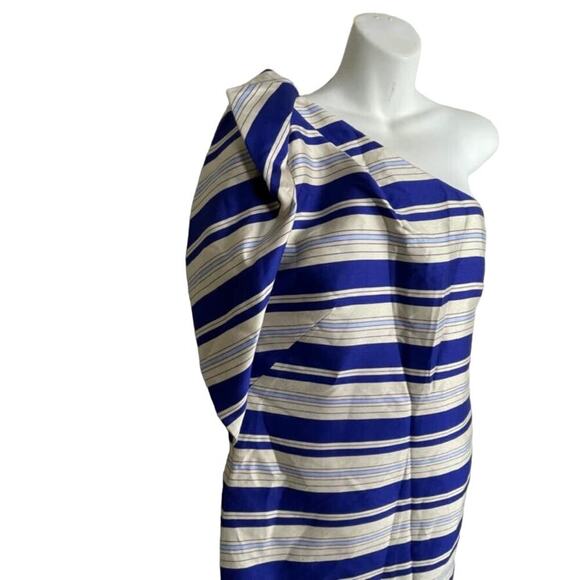 NWT Banana Republic One-Shoulder Bow Sheath Dress Womens Sz 10 Blue Ivory Stripe - Picture 4 of 11